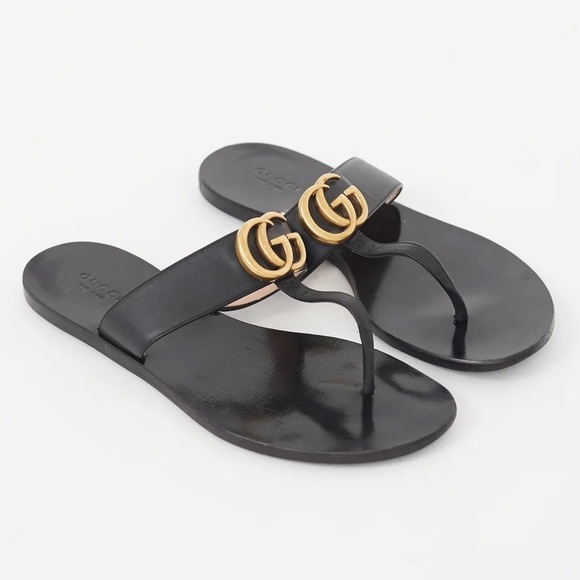 Gucci Shoes - Gucci Marmont Double GG Logo Black T-Strap Leather Thong Sandals